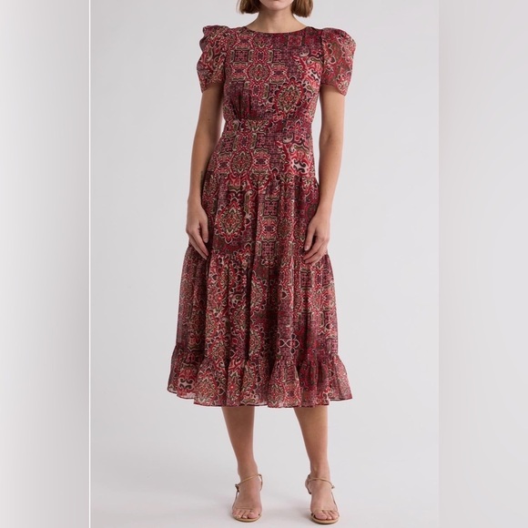 Vince Camuto Dresses & Skirts - Vince Camuto Boho Print Midi Dress w/ Pockets Semi-Sheer Sleeves – Size 8 NWT